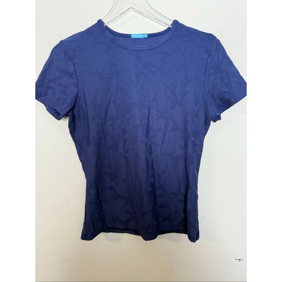 J McLaughlin embossed pattern Womens NAVY BLUE Stretch short SLEEVES Medium - Picture 1 of 4